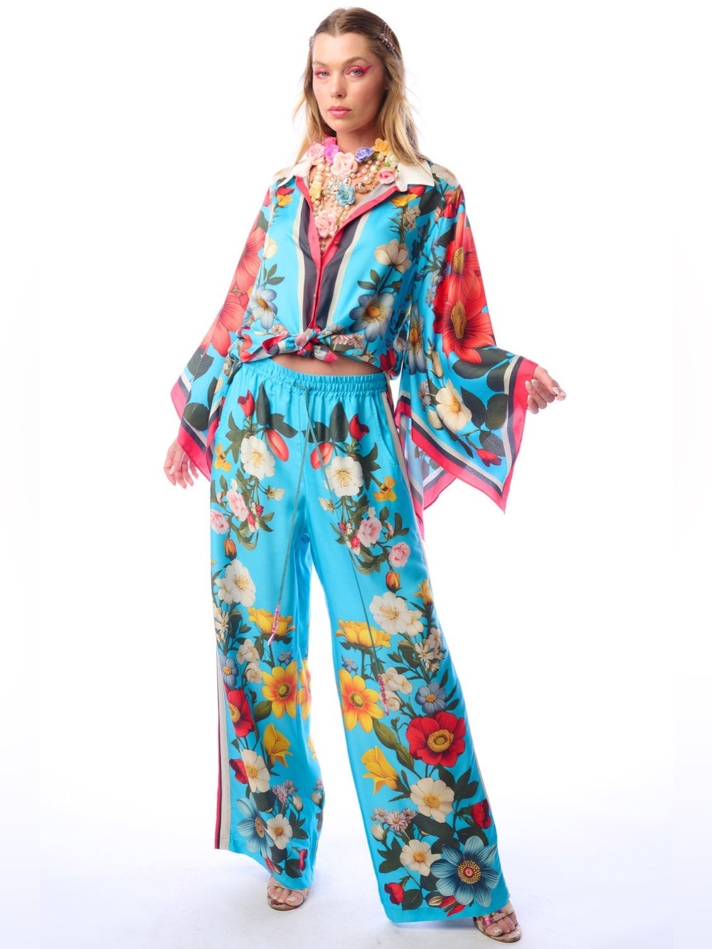 Aratta Blue Floral Wide Leg Pants L Boho Resort Coastal Grandma NWT - Picture 5 of 8